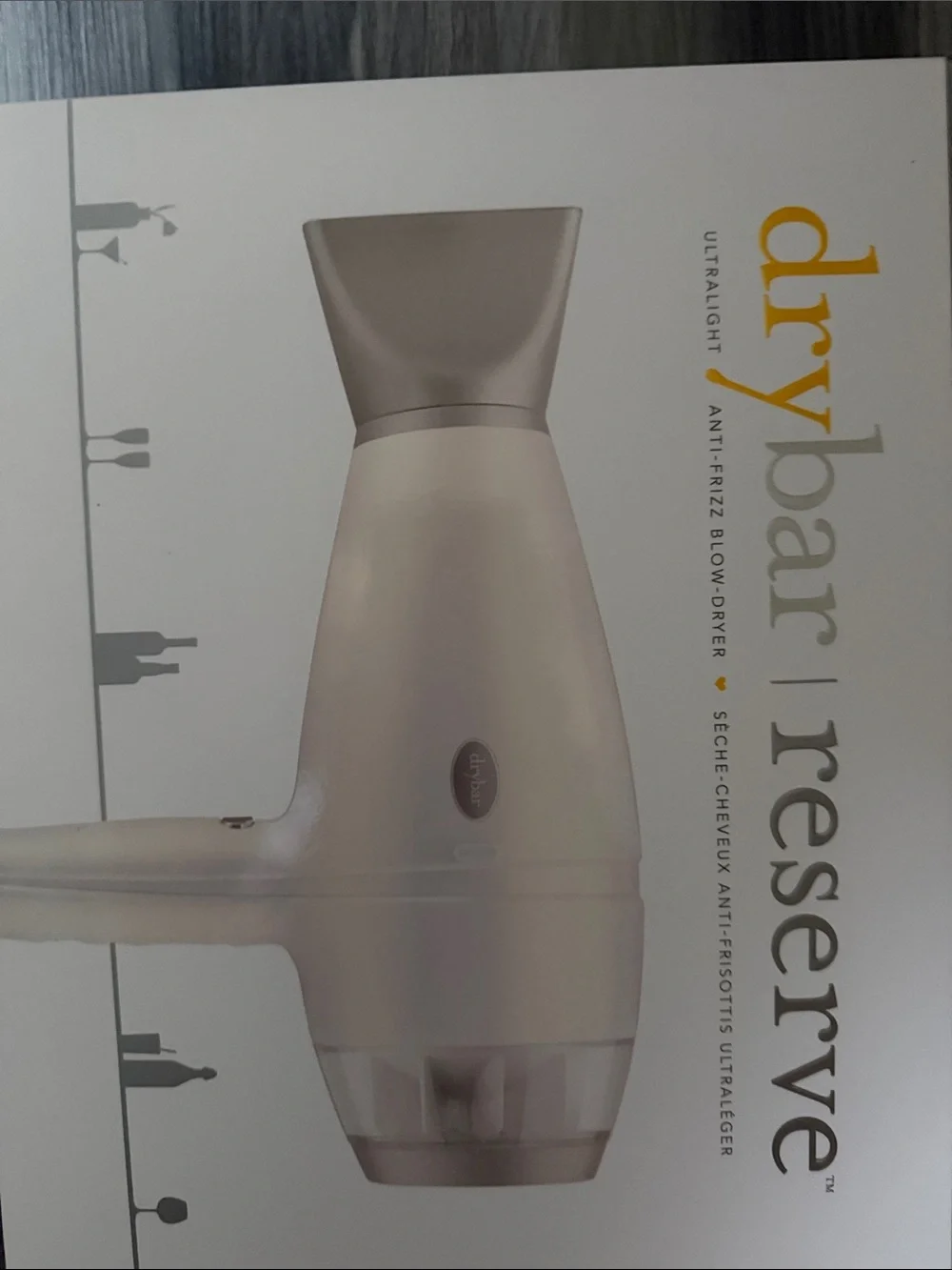Drybar Reserve White and Gray Hair Dryer Packaging